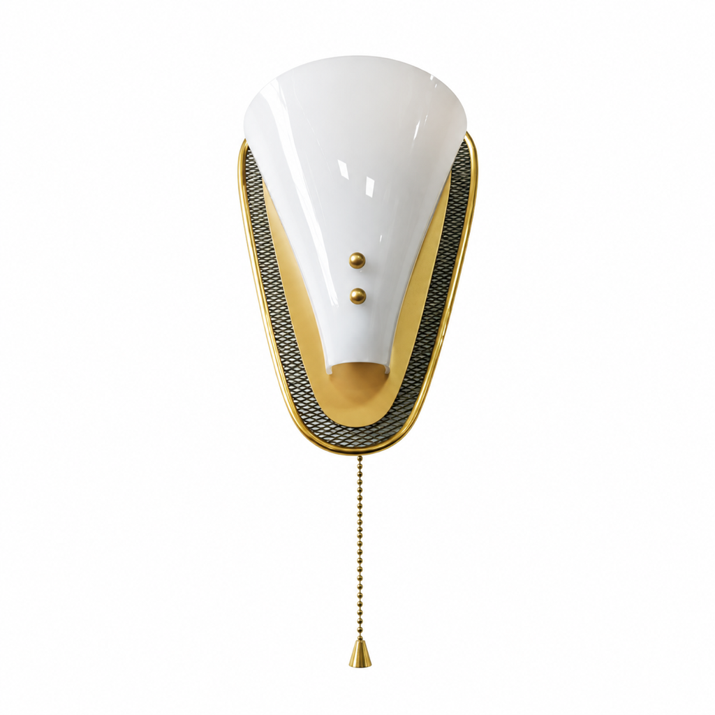 Sculptural White Petal Pull-Chain Wall Sconce — complete product view on a pure white background