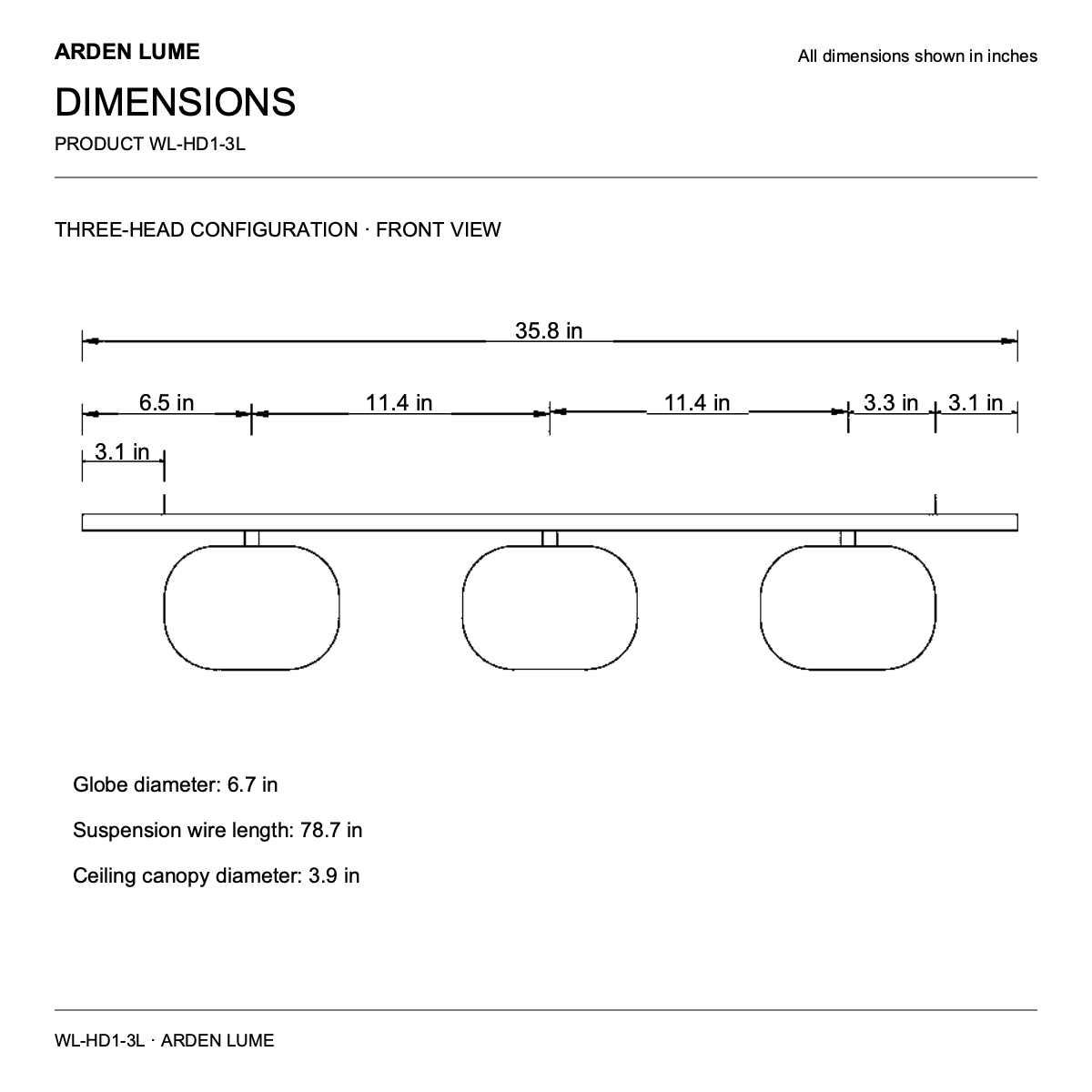 3-Light glass globe linear pendant dimensions in inches