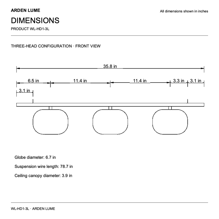 3-Light glass globe linear pendant dimensions in inches