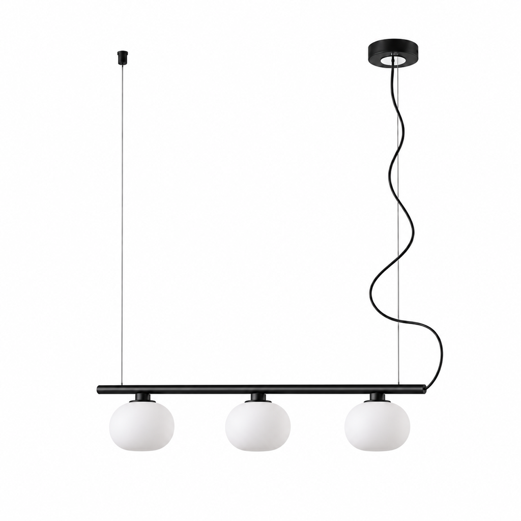 Black 3-Light glass globe linear pendant, light off