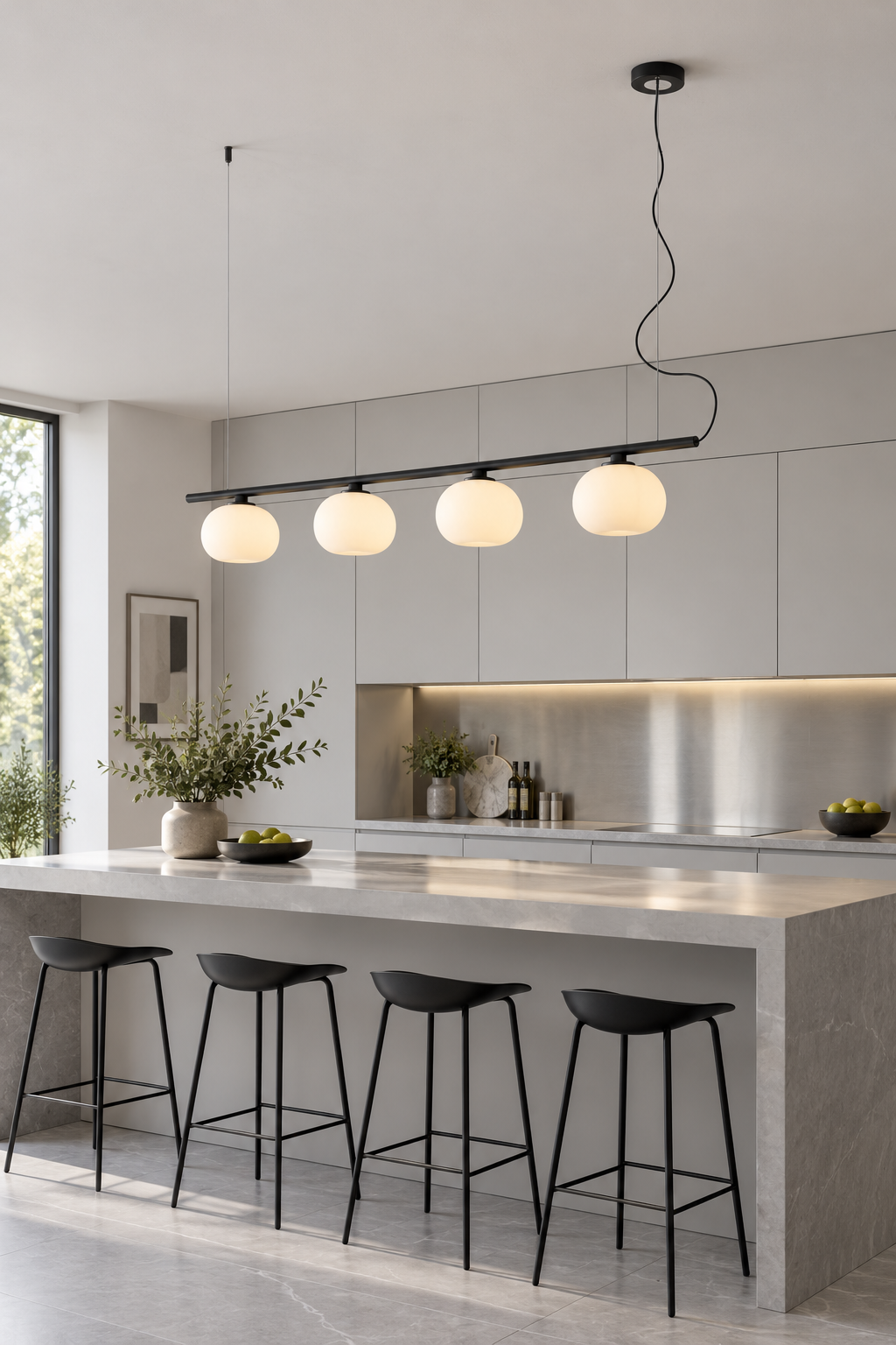 Black four-globe glass pendant above a gray kitchen island, turned on