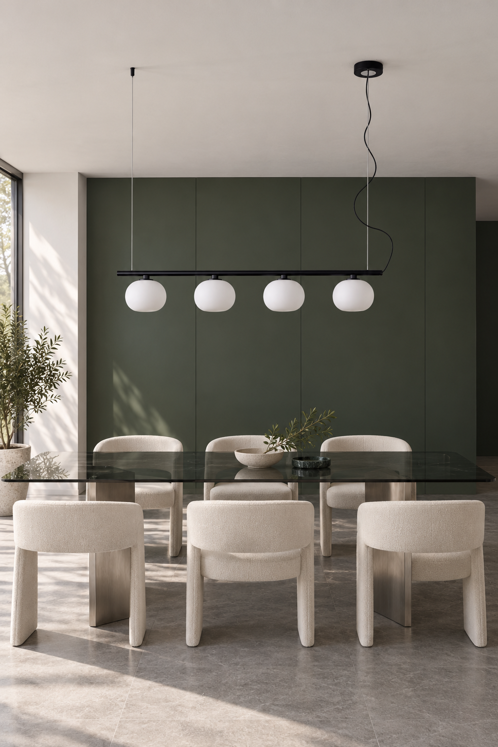 Black four-globe glass pendant above a smoked-glass dining table, light off