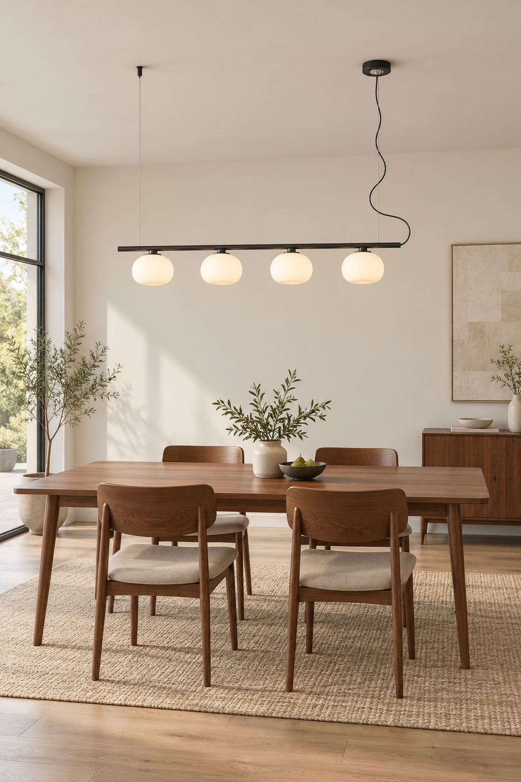 Black four-globe glass linear pendant over a walnut dining table, turned on