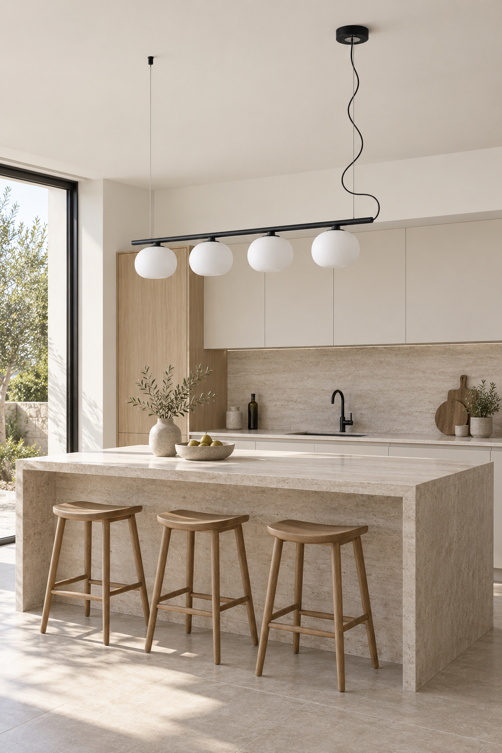Black four-globe glass linear pendant over a kitchen island, light off