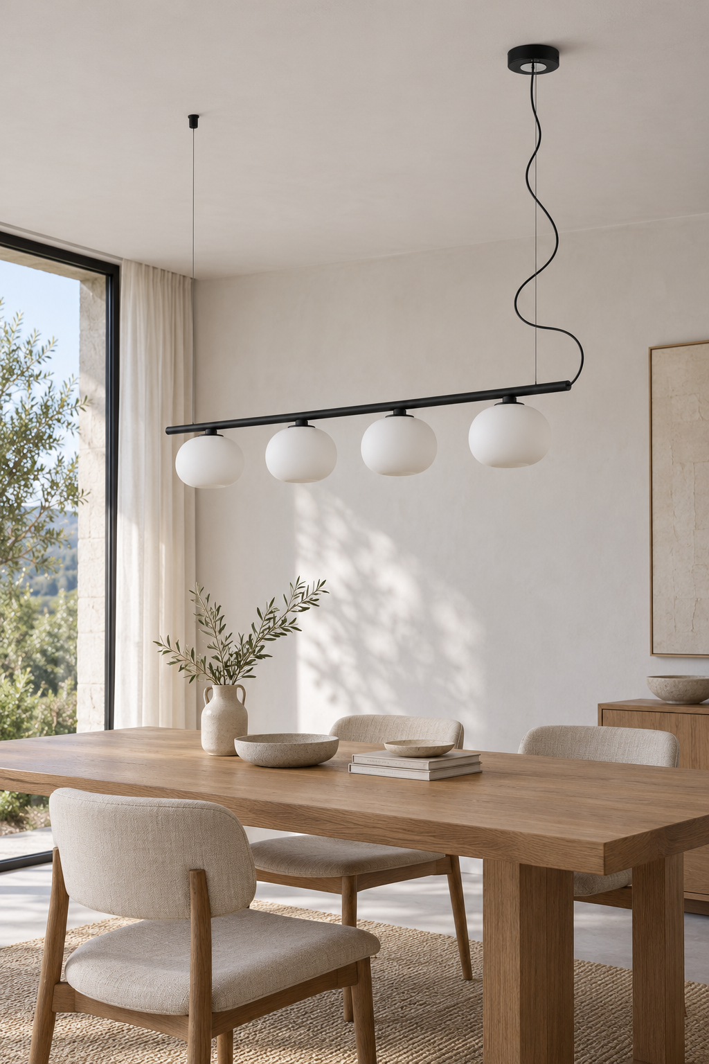Black four-globe glass linear pendant above a home studio worktable, light off