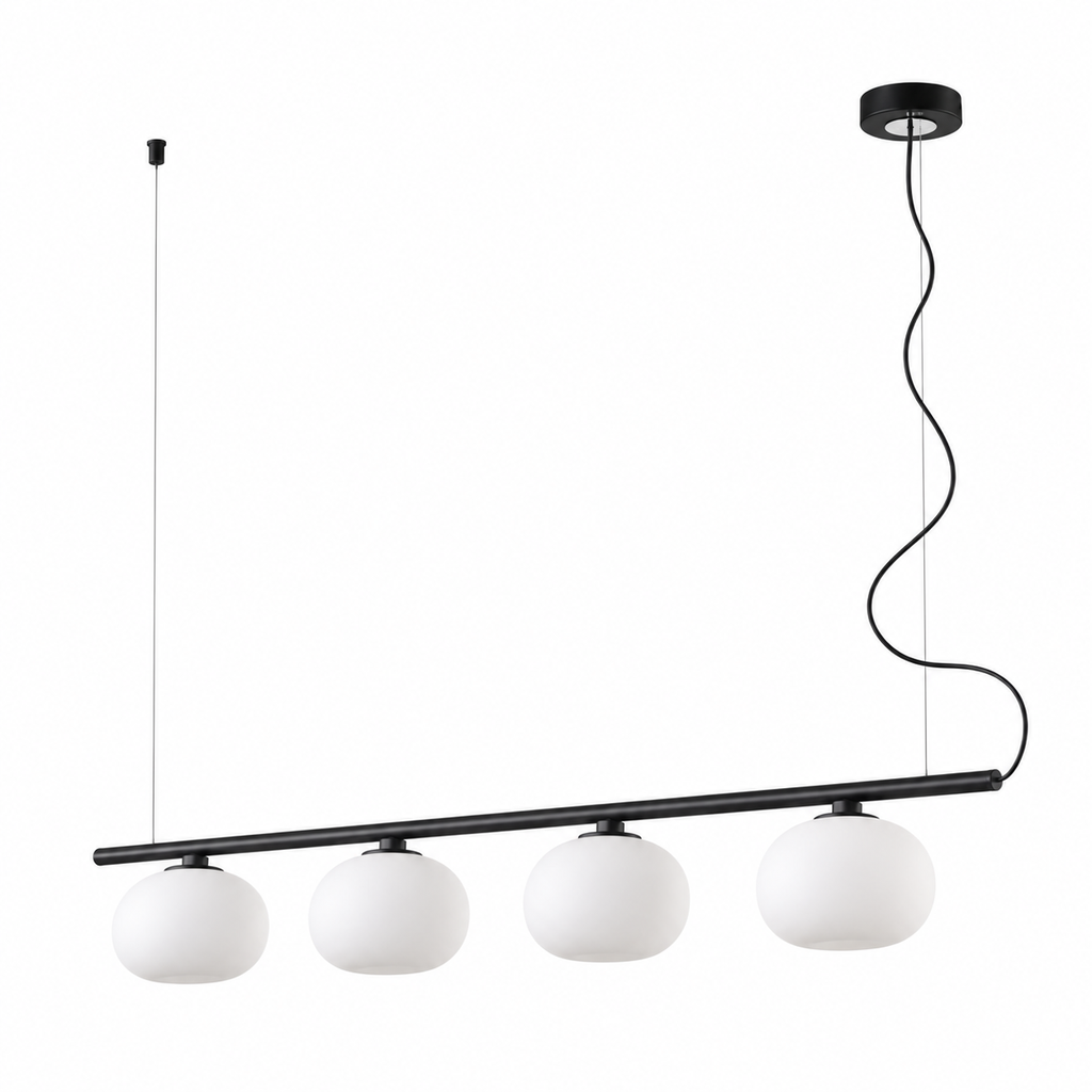 Black four-globe linear pendant on a white background, light off