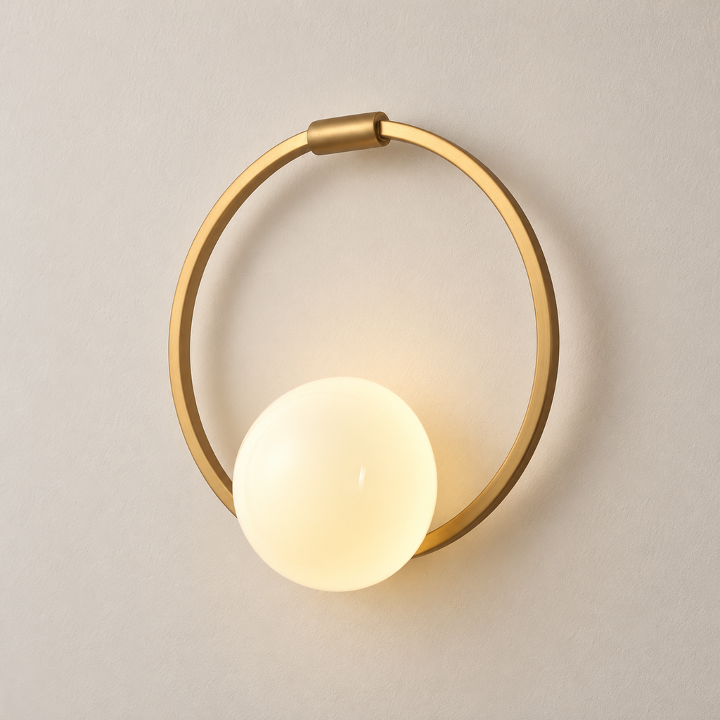 Gold circular ring glass wall sconce against a taupe wall, turned on