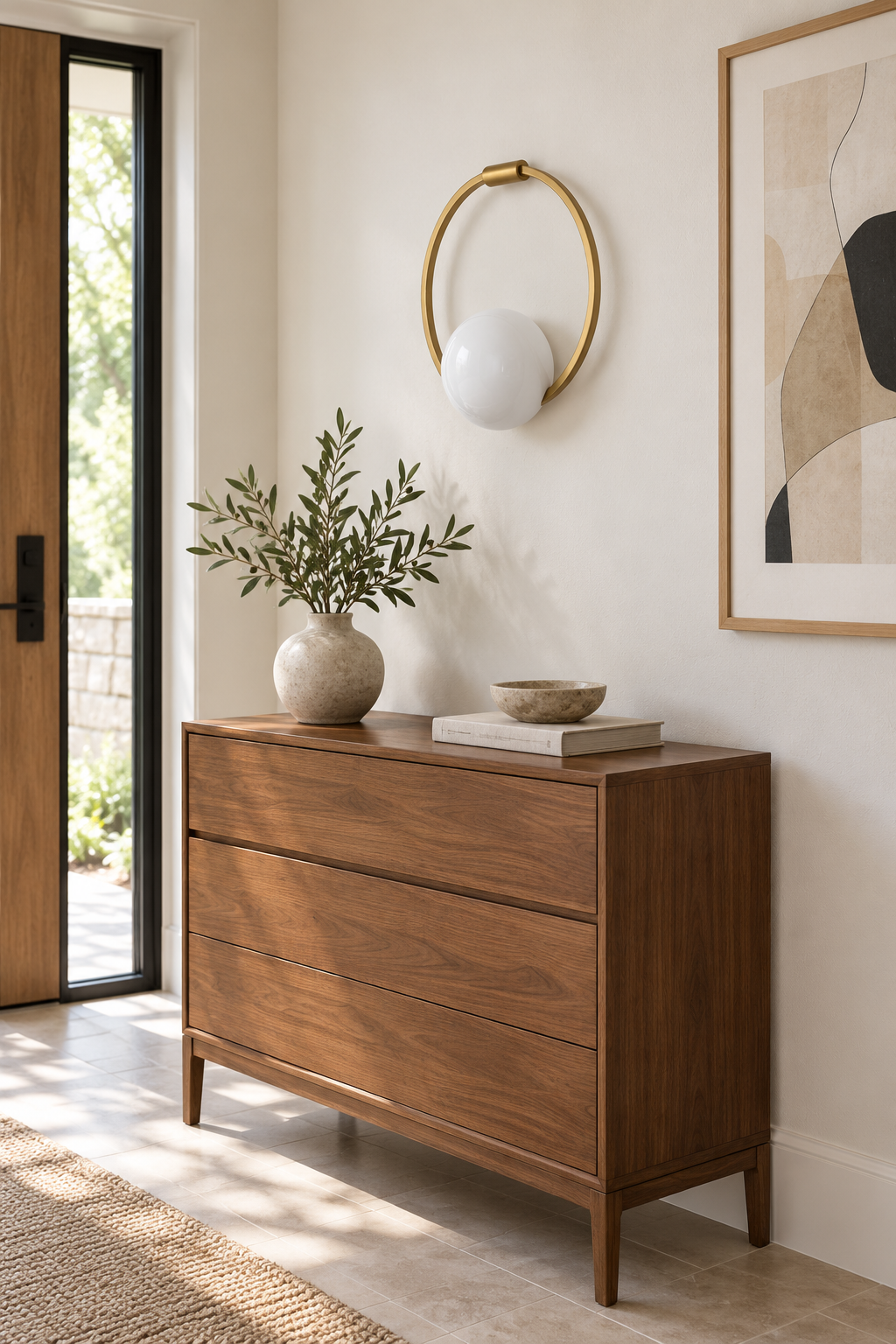 Gold circular ring glass wall sconce above an entryway chest, light off
