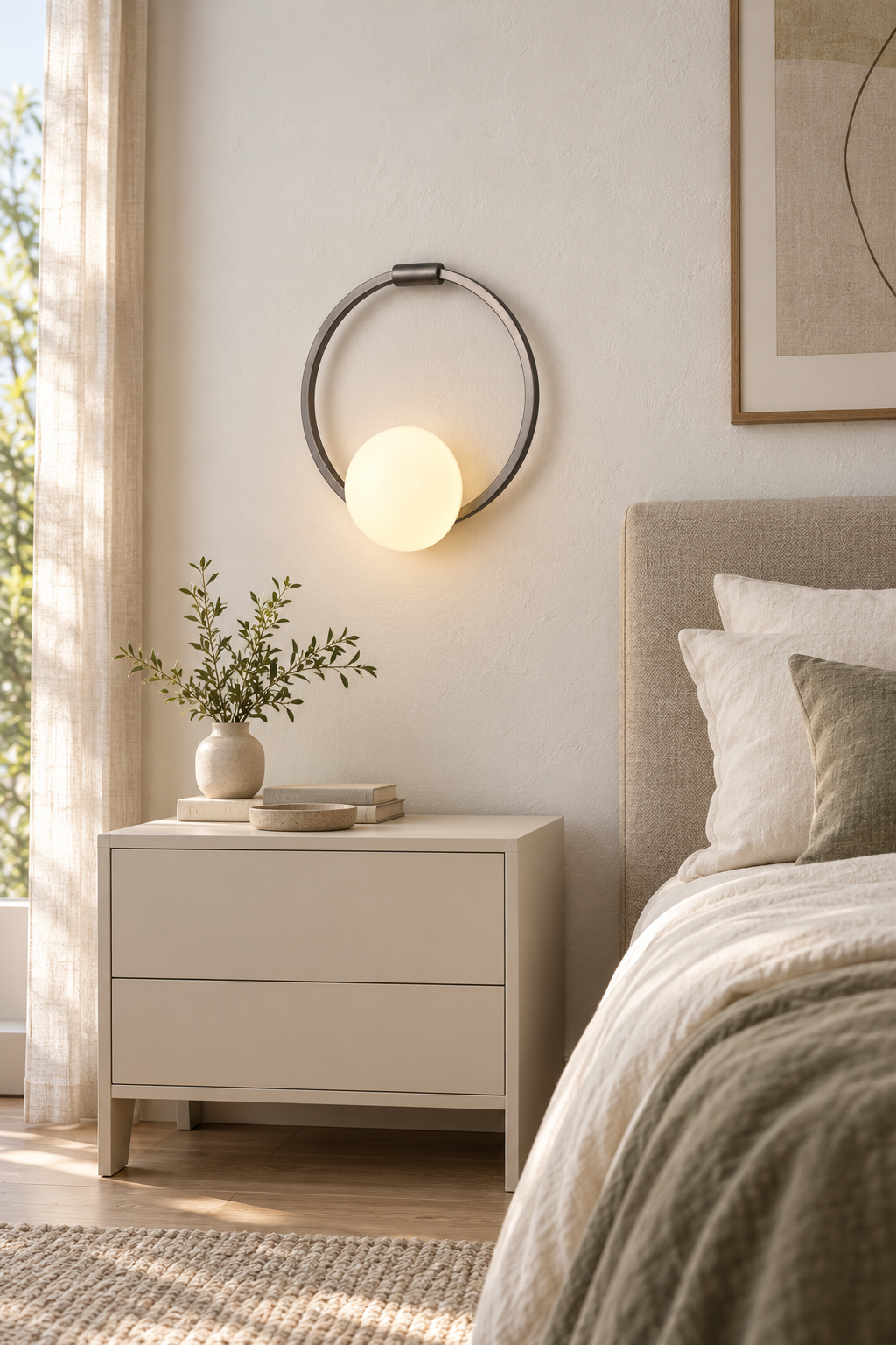 Silver circular ring glass wall sconce above a cream bedside cabinet, turned on