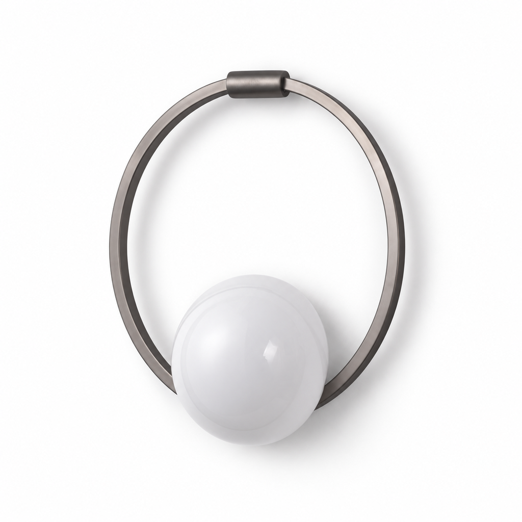 Silver circular ring wall sconce on a white background, light off