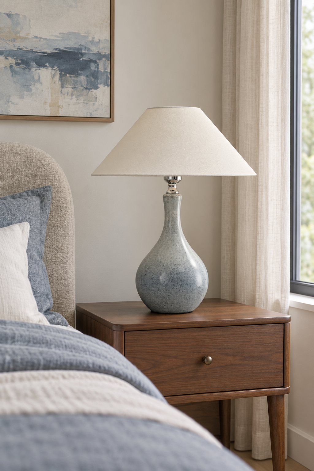 Mist-blue ceramic lamp switched off on a walnut nightstand beside slate-blue bedding