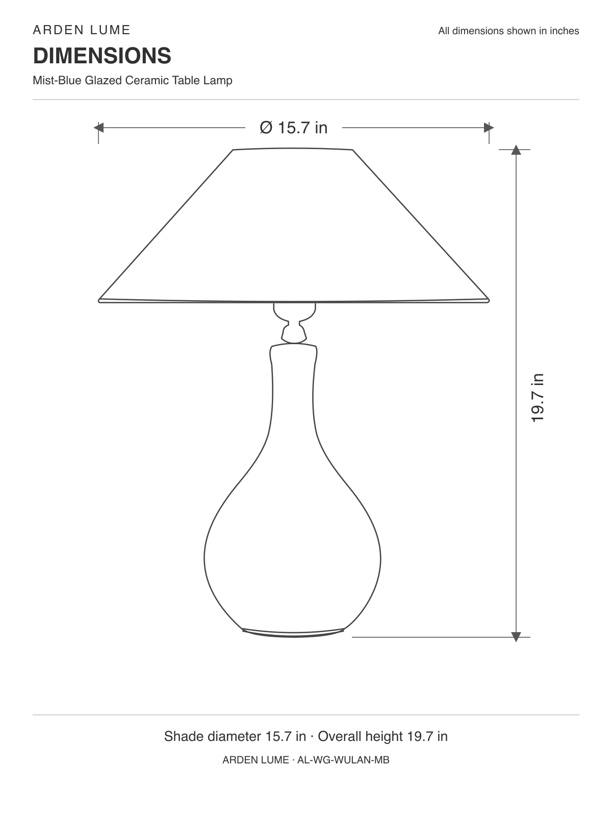 Mist-blue ceramic table lamp dimensions: 15.7 inch shade diameter and 19.7 inch overall height