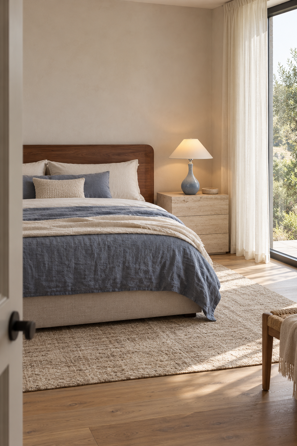 Lit mist-blue ceramic bedside lamp in a daylight bedroom with walnut headboard and travertine nightstand