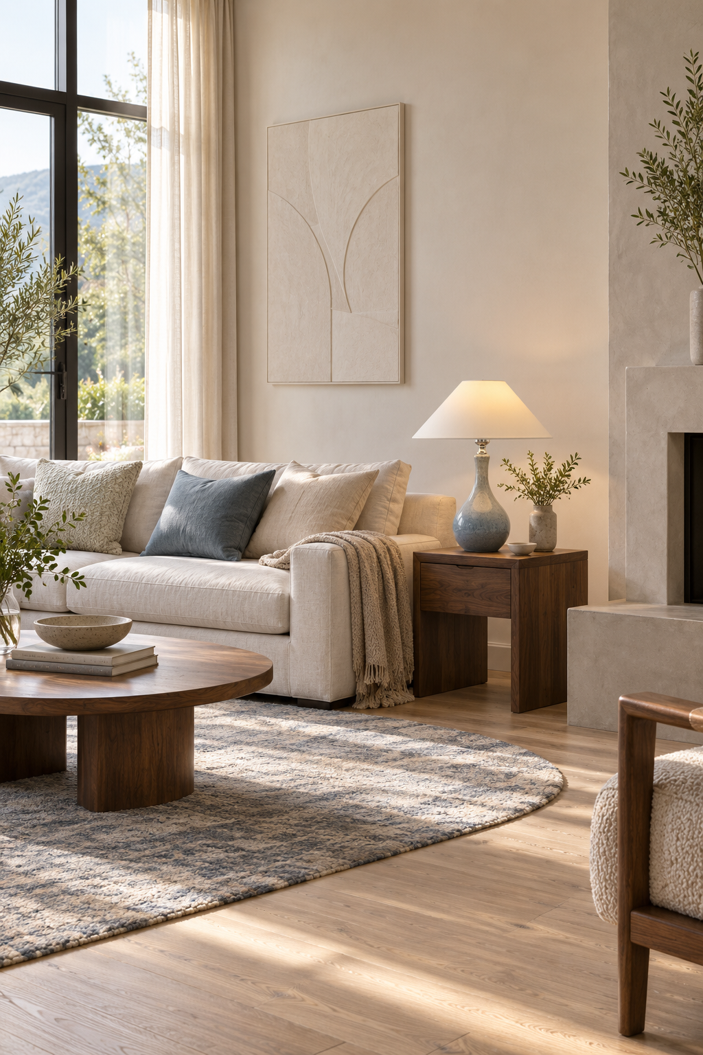 Mist-blue glazed ceramic table lamp lit on a walnut side table beside a linen sofa in daylight