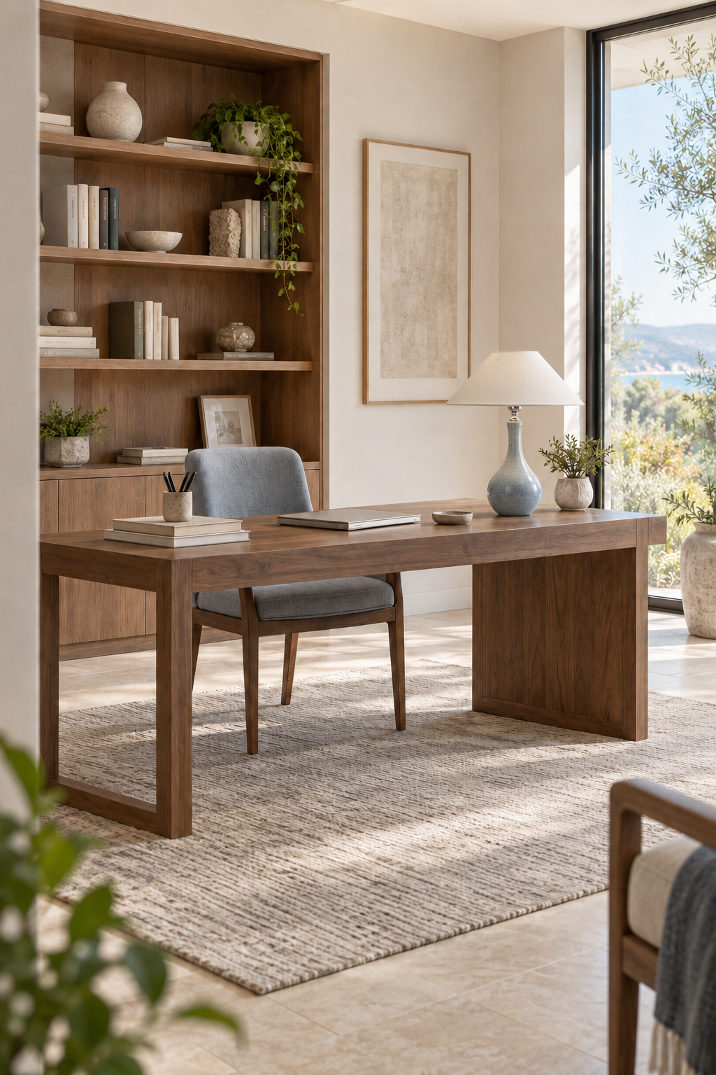 Unlit mist-blue ceramic table lamp on a walnut desk in a sunlit home study