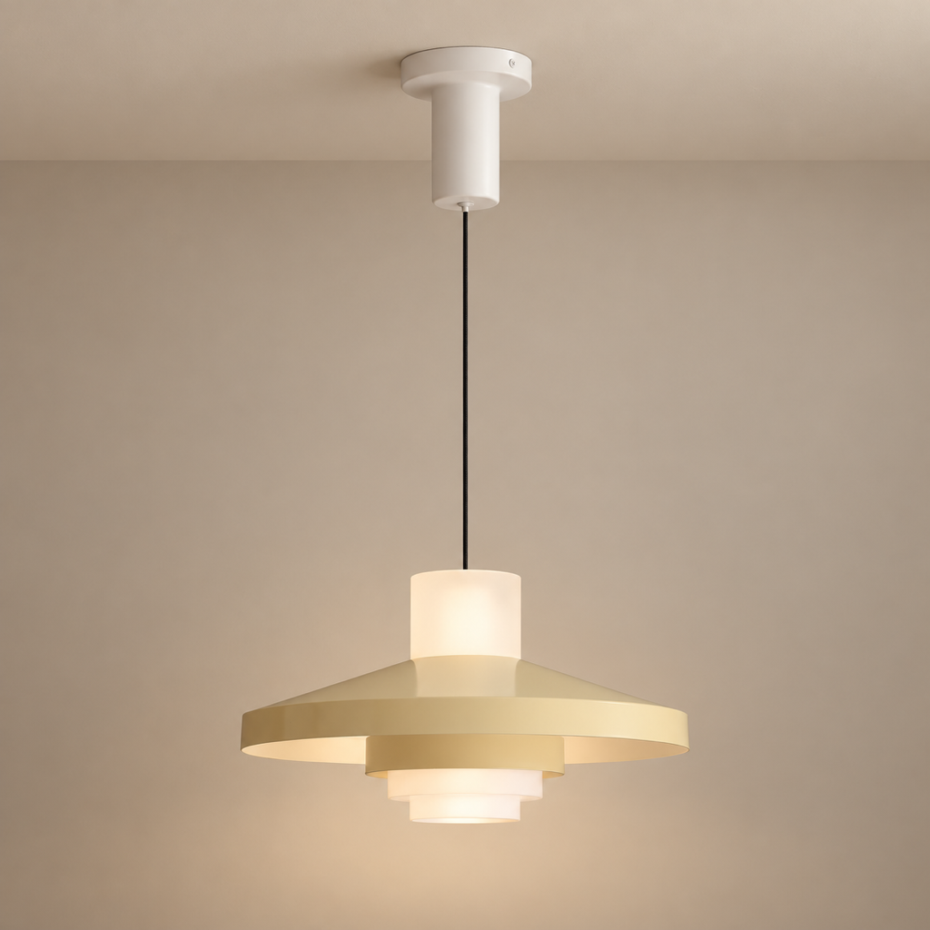 Cream Yellow layered aluminum disc LED pendant light installed beneath a ceiling