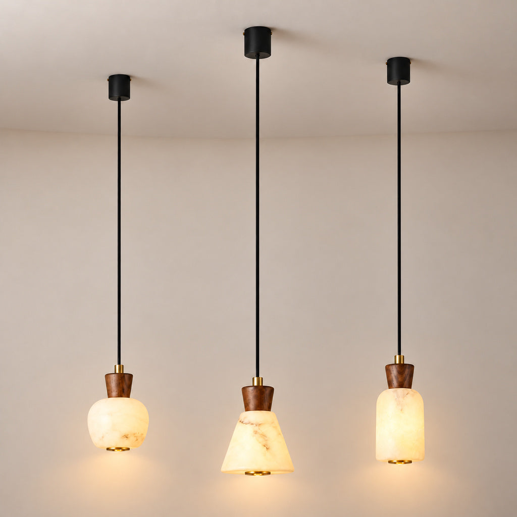Ashalune three alabaster pendant styles illuminated with warm 3000K light