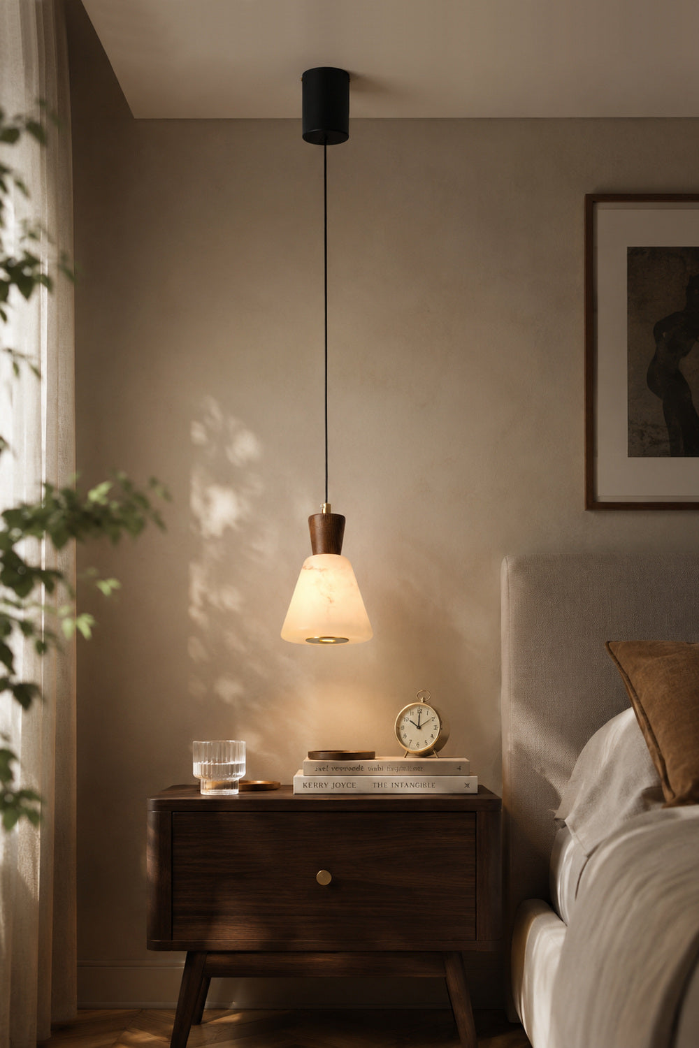 Ashalune tapered alabaster pendant Style B in a bedroom, original supplier scene