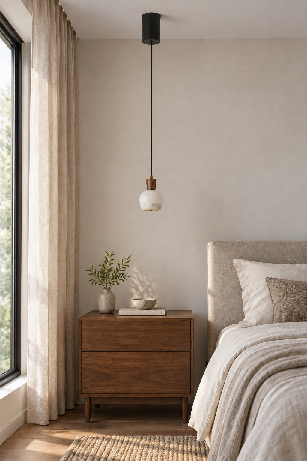 Ashalune rounded alabaster pendant in a bedroom, lights off