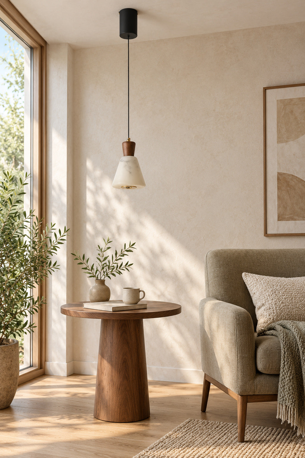 Ashalune tapered alabaster pendant beside a reading corner, lights off
