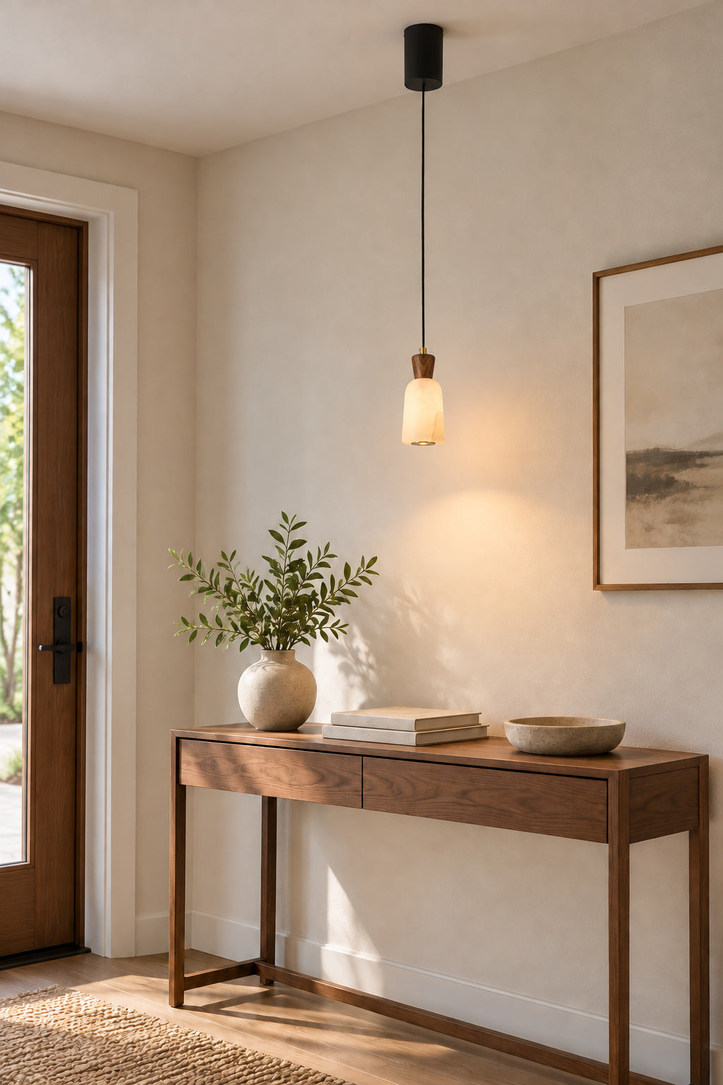 Ashalune tall alabaster pendant in an entryway, warm 3000K light