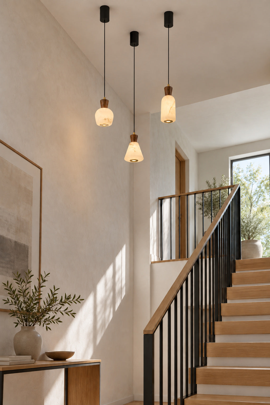 Ashalune rounded, tapered and tall alabaster pendant styles in a residential stairwell, warm light