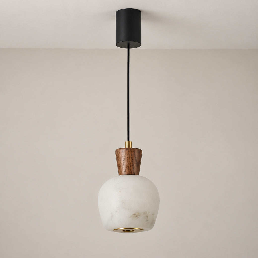 Ashalune Style A rounded alabaster and ash wood pendant, individual option image, lights off