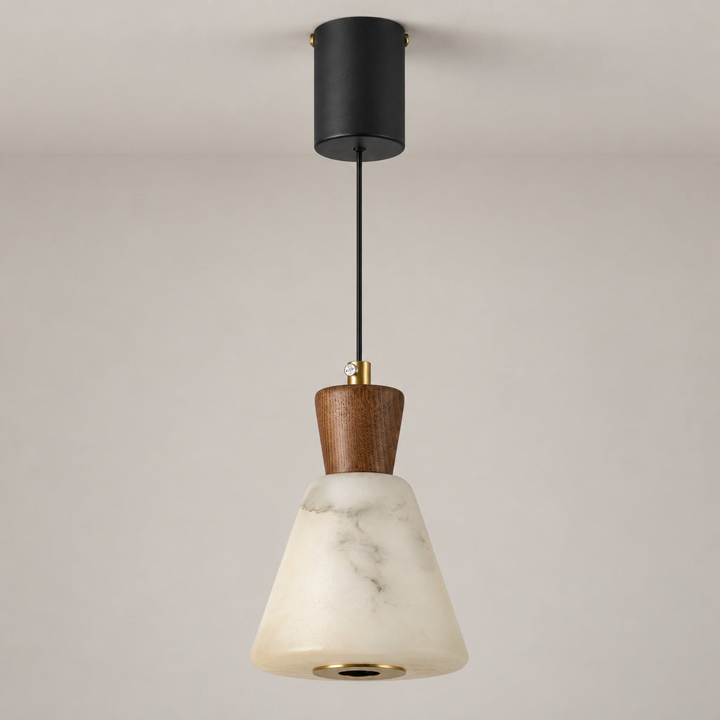 Ashalune Style B tapered alabaster and ash wood pendant, individual option image, lights off