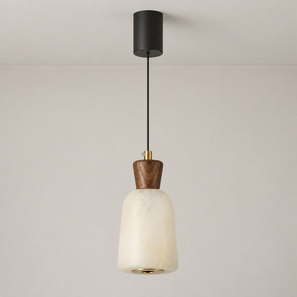 Ashalune Style C tall alabaster and ash wood pendant, individual option image, lights off