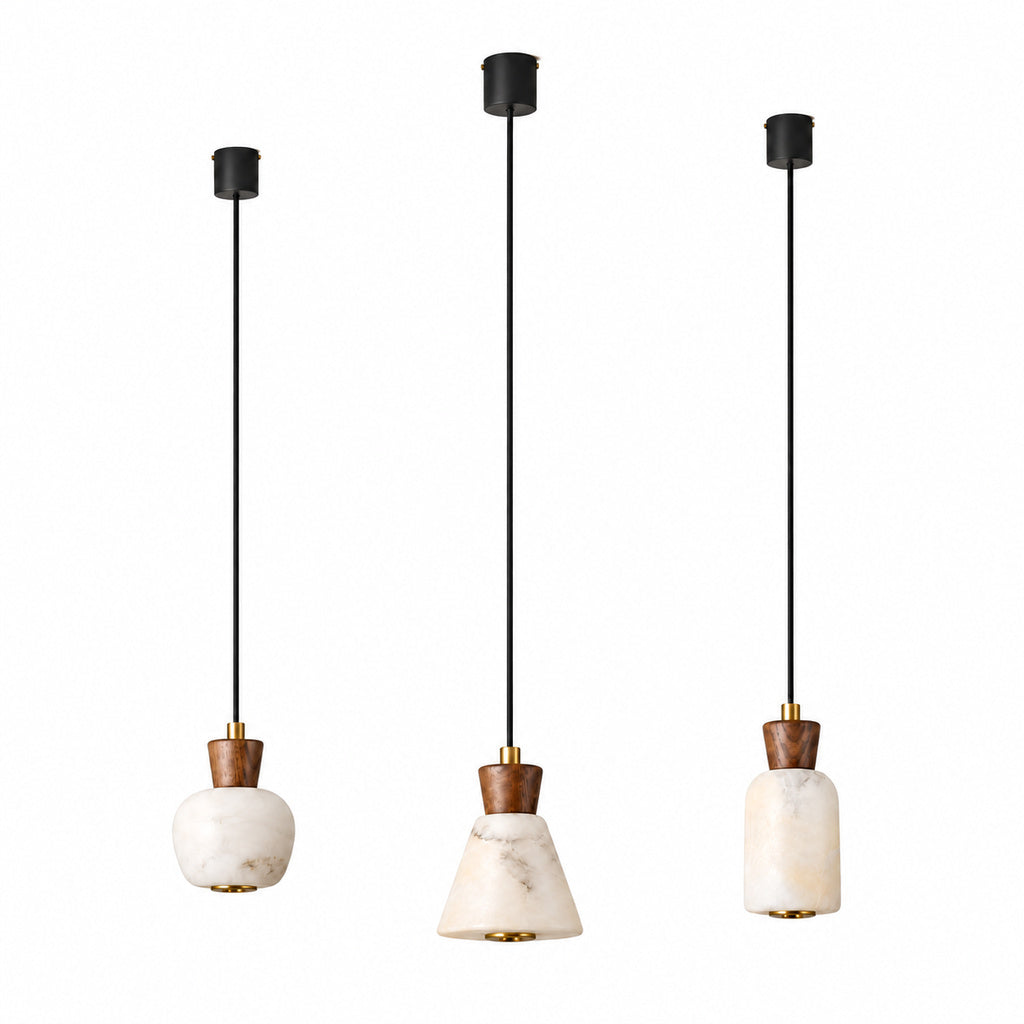 Ashalune rounded, tapered and tall alabaster pendants, small bodies with long cords, lights off on white background