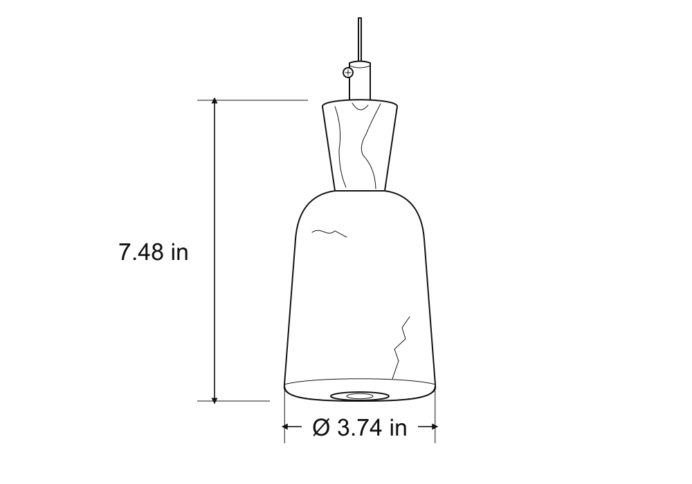 Ashalune Style C pendant dimension drawing, 3.74 in diameter by 7.48 in body height