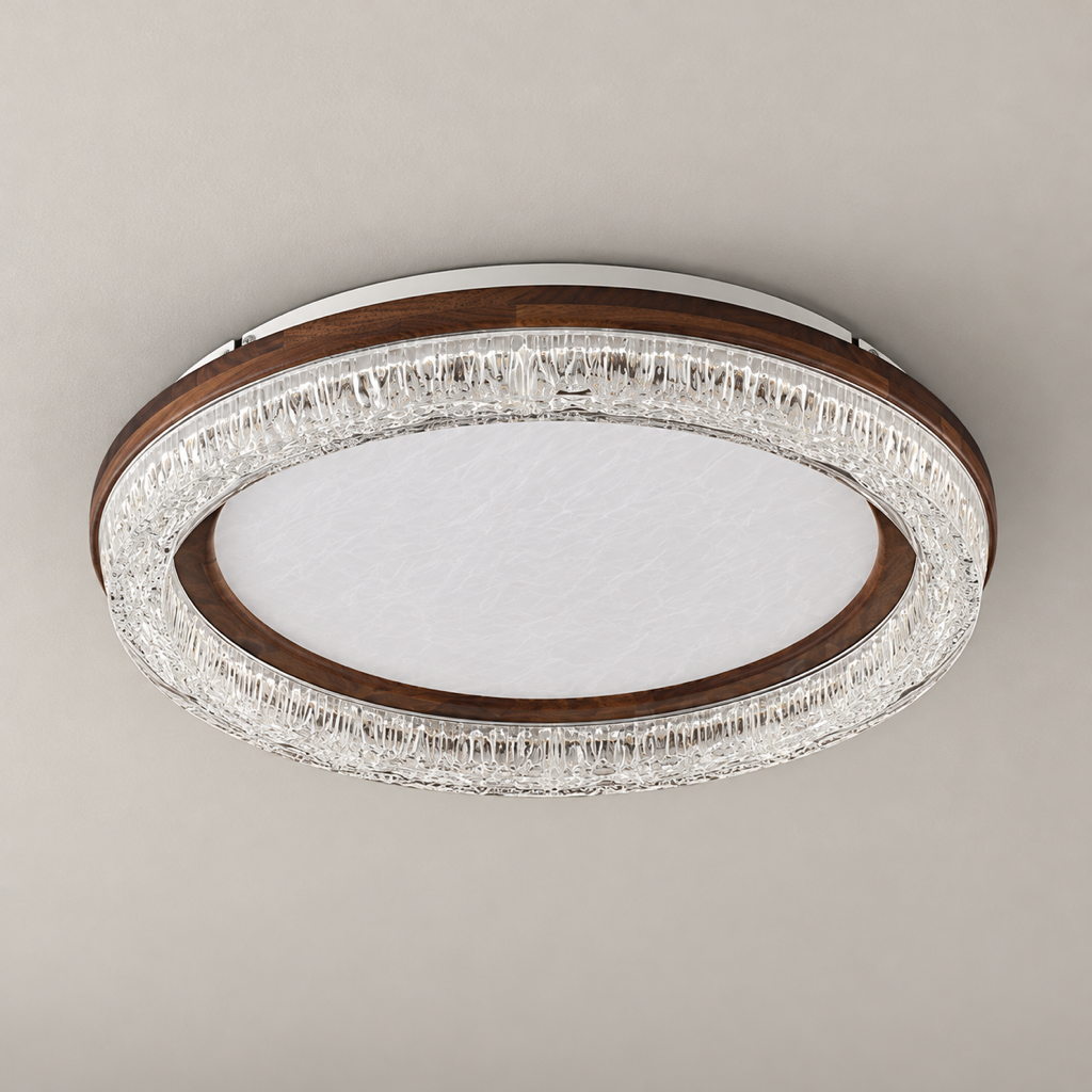 Avelnore walnut and textured acrylic round flush-mount ceiling light, unlit