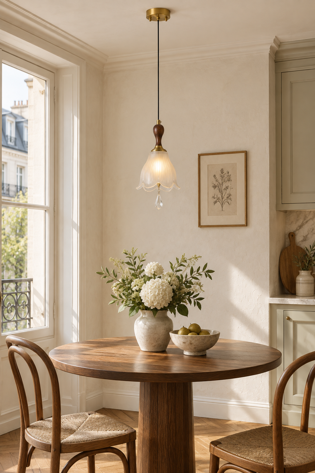 Bellarune ribbed bell glass and walnut pendant light in a sunlit breakfast kitchen