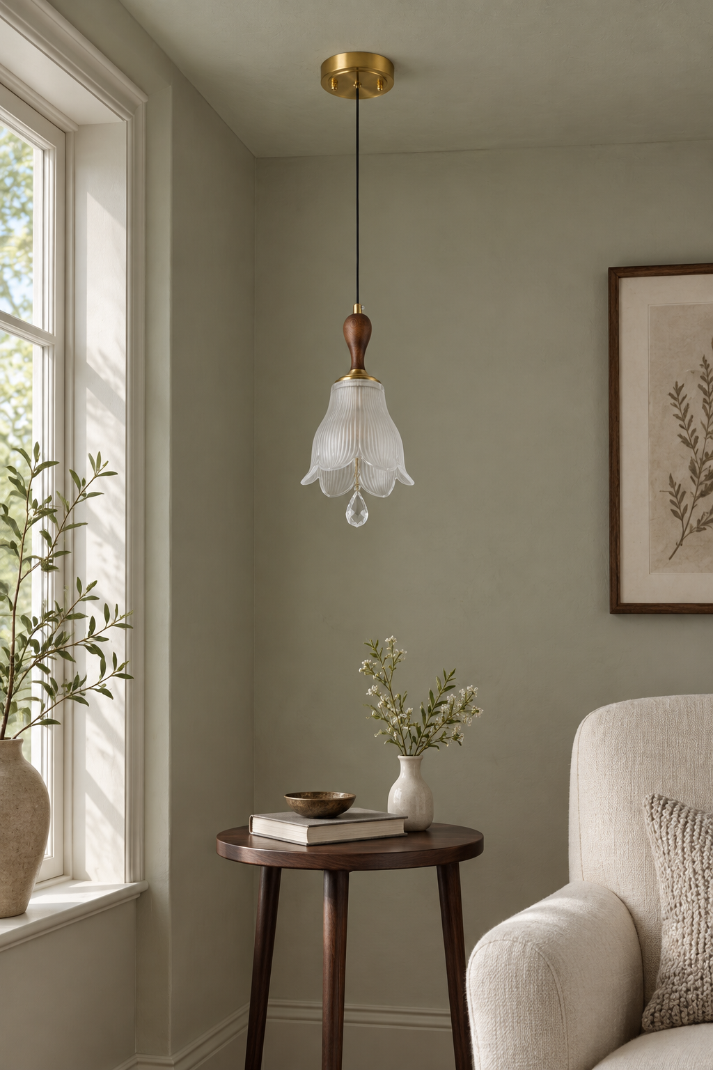 Bellarune ribbed bell glass and walnut pendant light in a pale sage reading alcove
