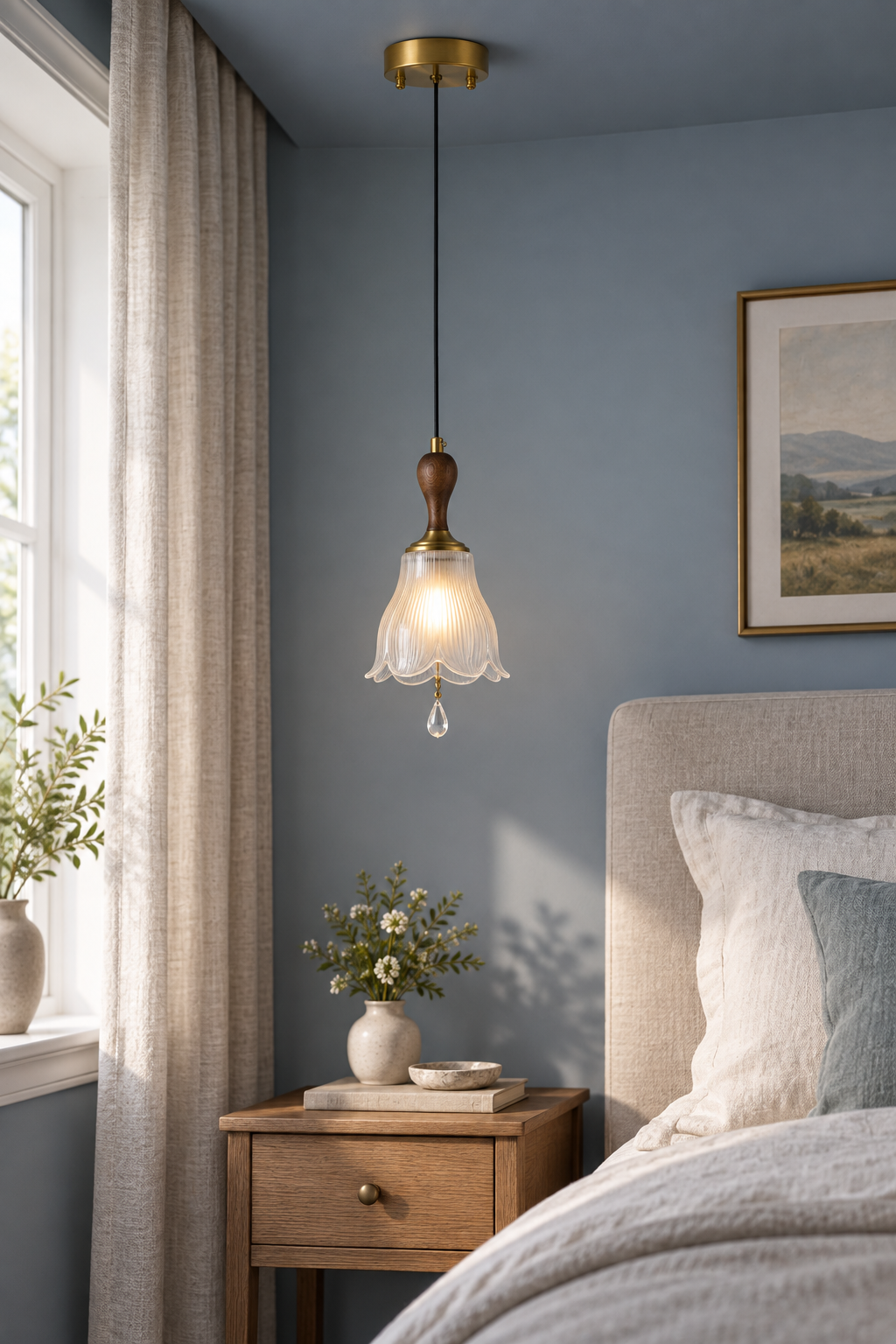 Bellarune ribbed bell glass and walnut pendant light glowing beside a blue bedroom