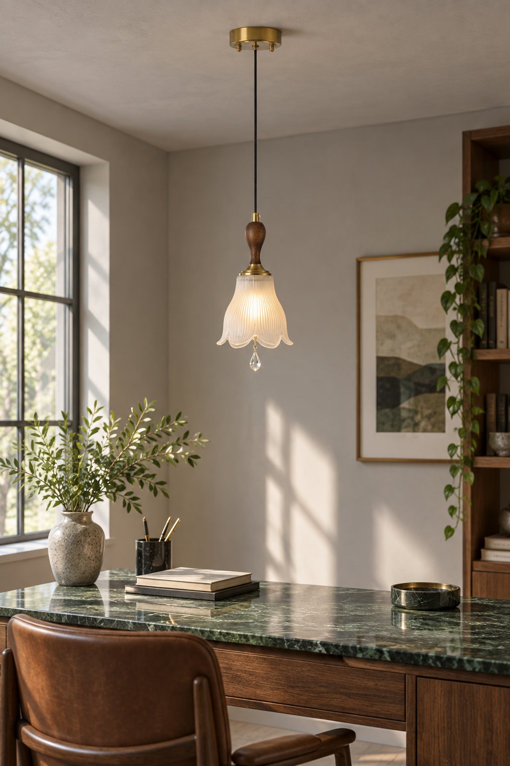 Bellarune ribbed bell glass and walnut pendant light in a green marble home office
