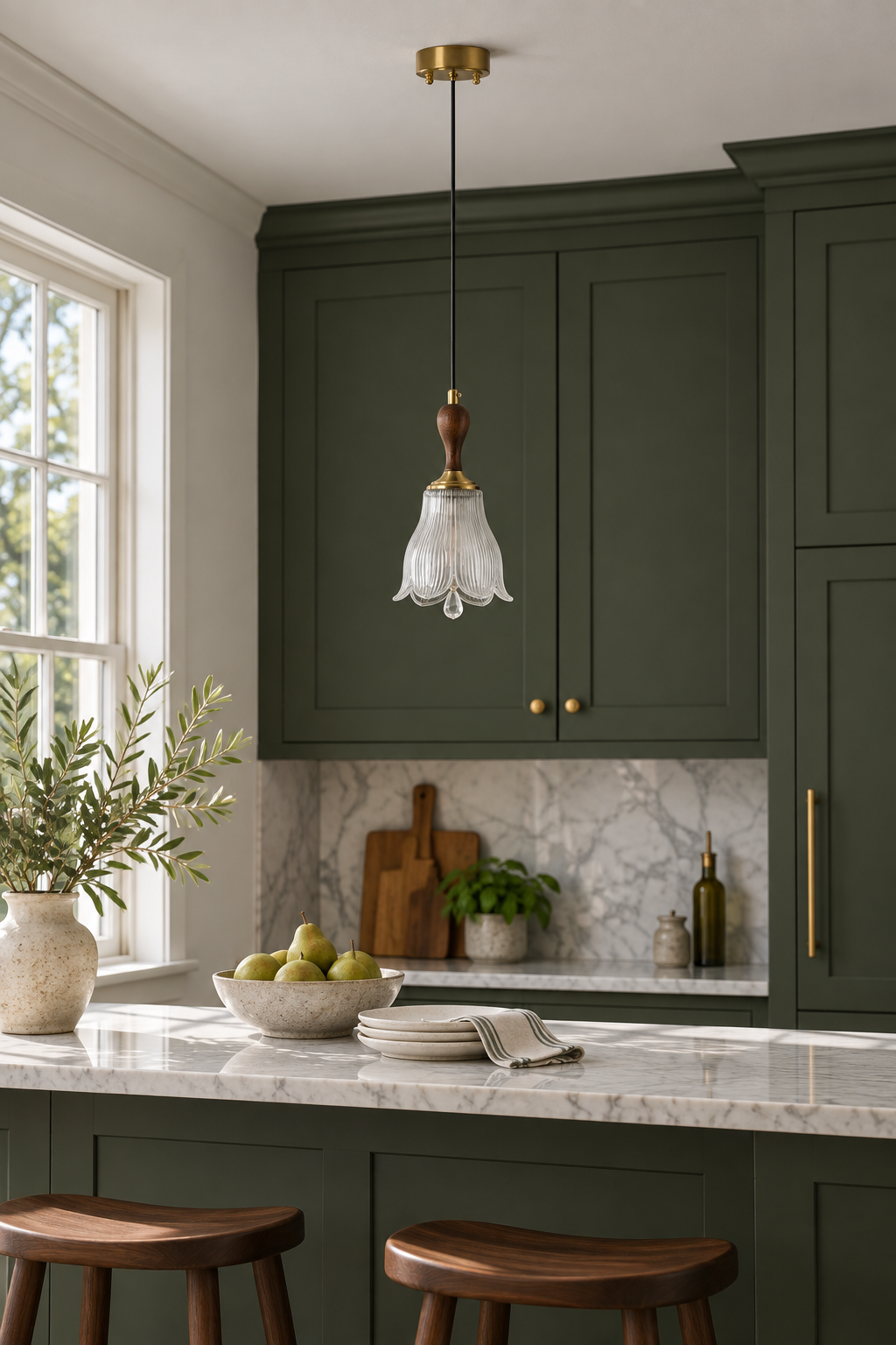 Bellarune ribbed bell glass and walnut pendant light in a deep green kitchen