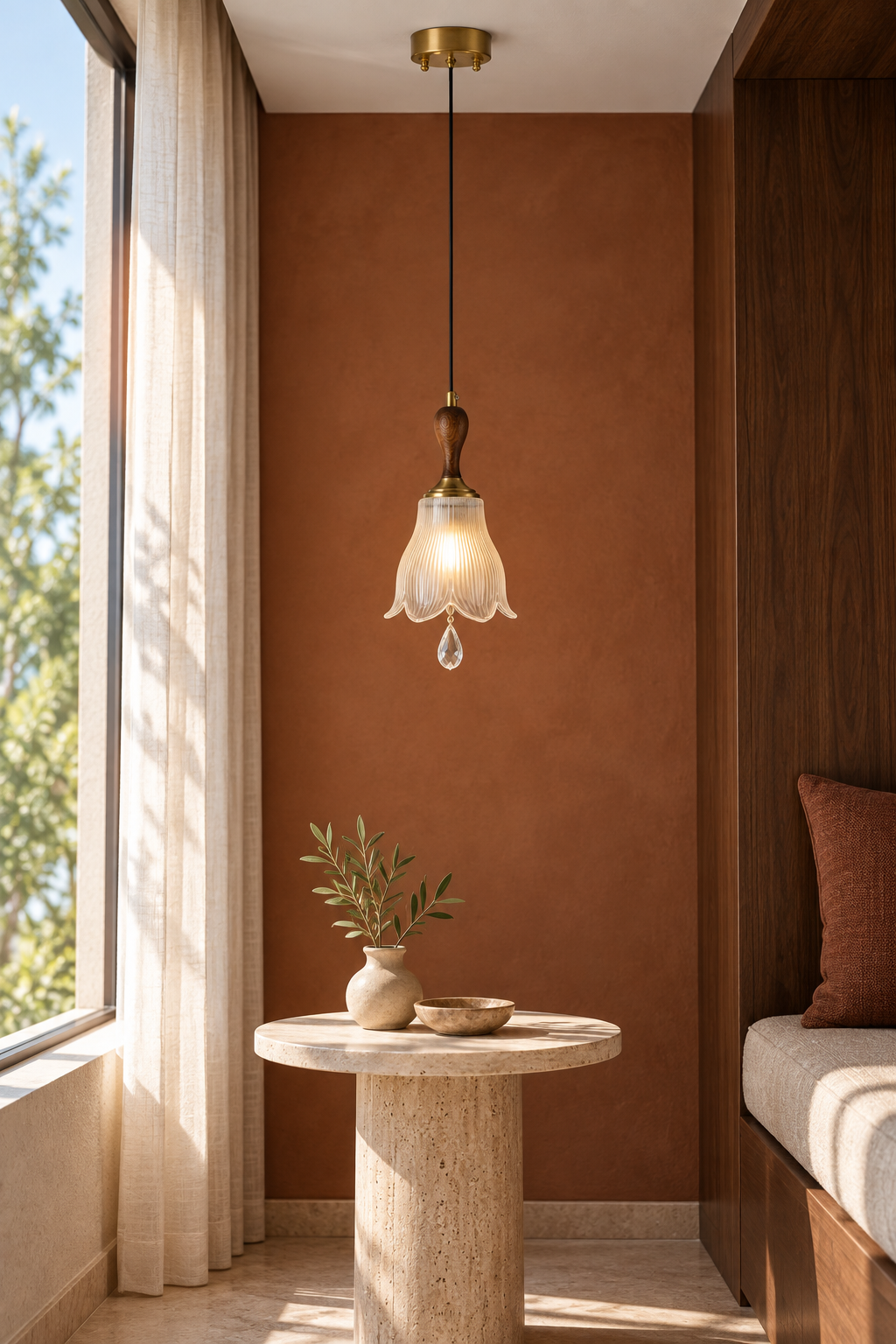 Bellarune ribbed bell glass and walnut pendant light glowing in a sienna alcove