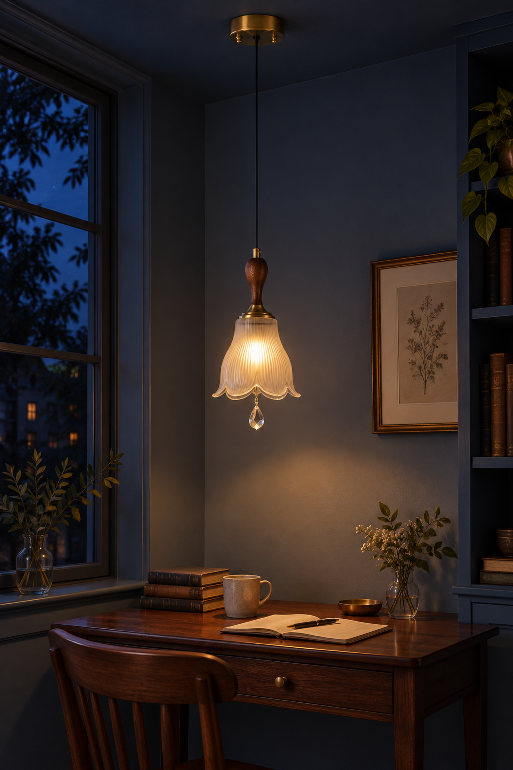 Bellarune ribbed bell glass and walnut pendant light glowing in an evening blue study