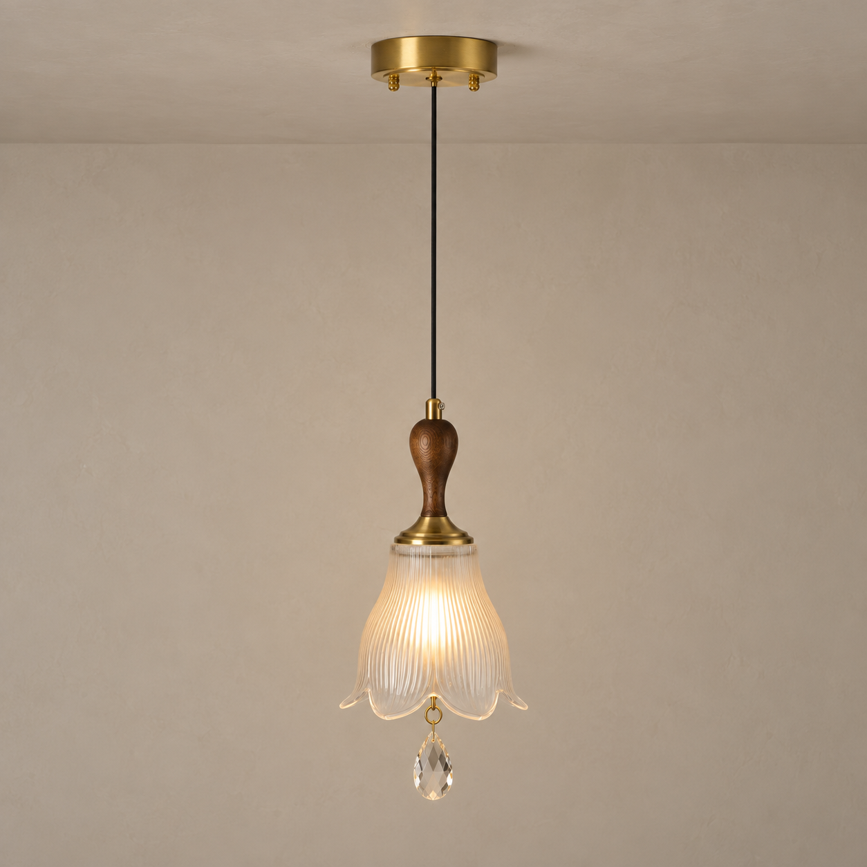 Bellarune Ribbed Bell Glass and Walnut Pendant Light mounted flush to a warm taupe ceiling