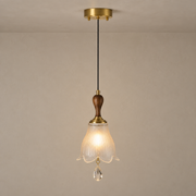 Bellarune Ribbed Bell Glass and Walnut Pendant Light mounted flush to a warm taupe ceiling