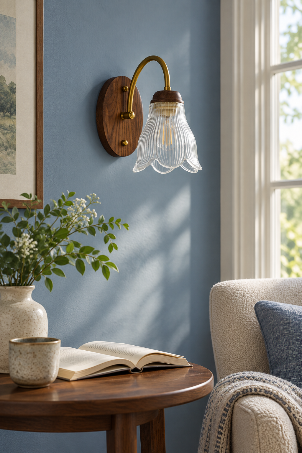 Bellarune Ribbed Bell Glass and Walnut Wall Sconce in a sunlit blue reading corner