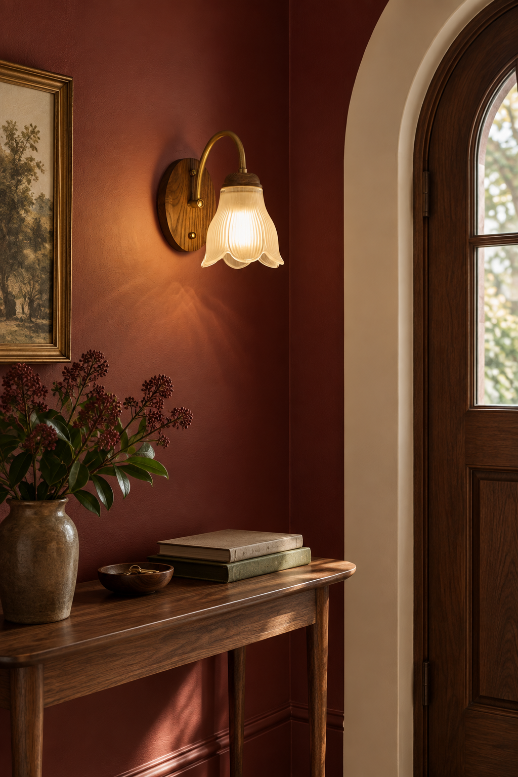Bellarune Ribbed Bell Glass and Walnut Wall Sconce in a warm foyer