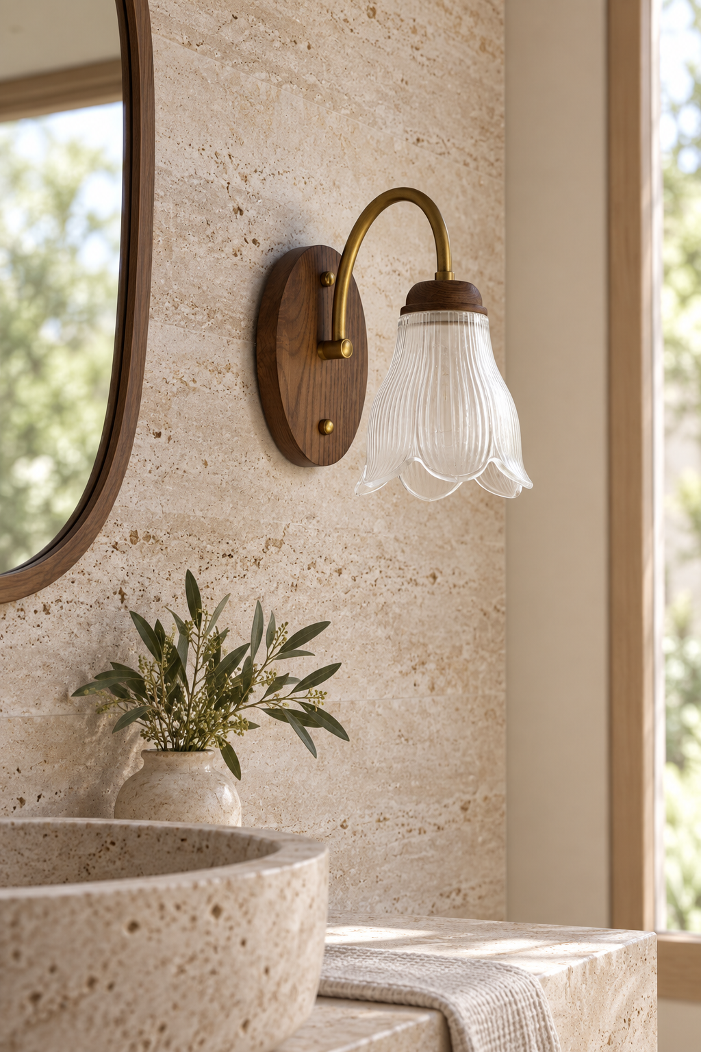 Bellarune Ribbed Bell Glass and Walnut Wall Sconce beside a dry vanity