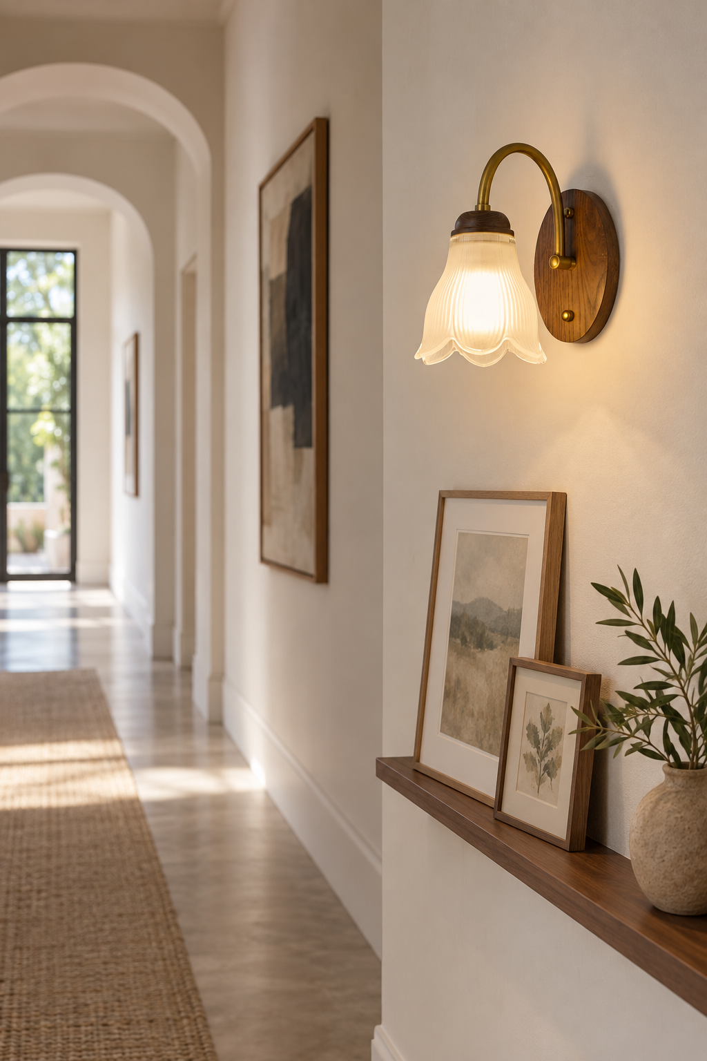 Bellarune Ribbed Bell Glass and Walnut Wall Sconce in a gallery corridor