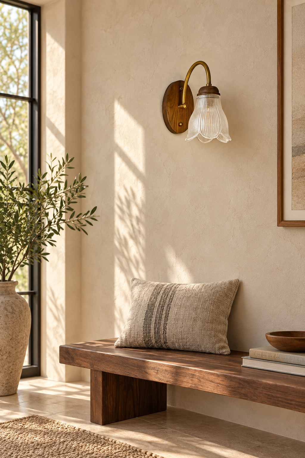 Bellarune Ribbed Bell Glass and Walnut Wall Sconce on a limestone living room wall