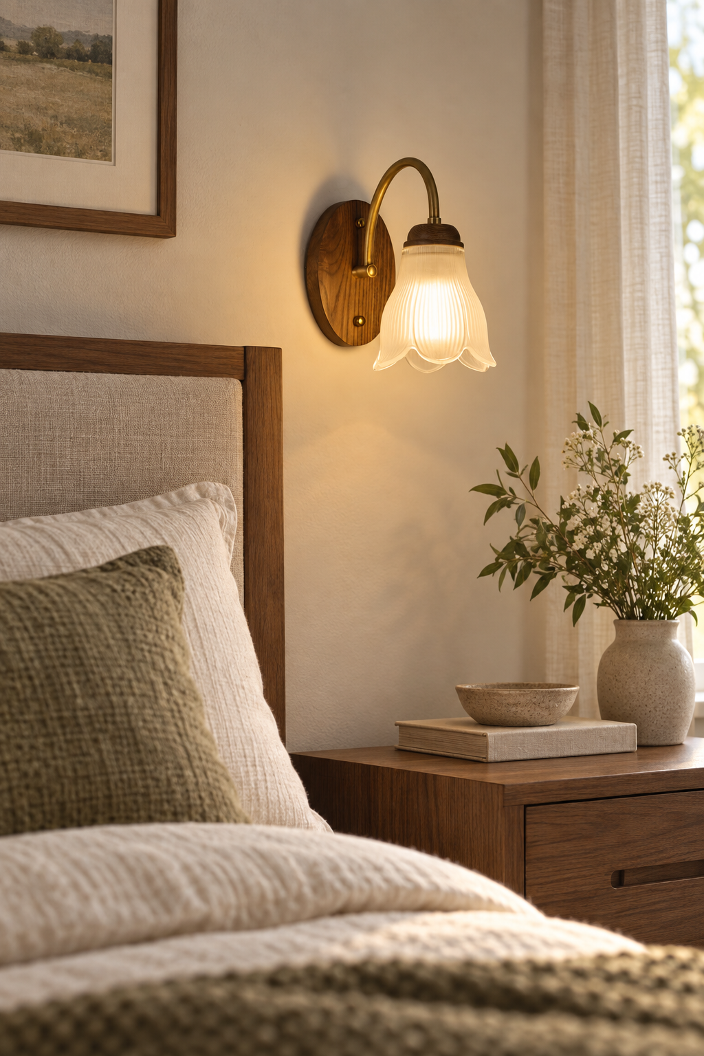 Bellarune Ribbed Bell Glass and Walnut Wall Sconce beside a bedroom