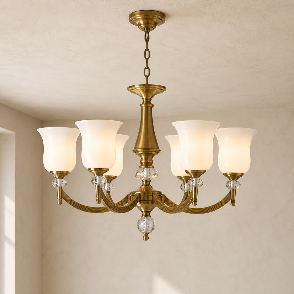 Bellavienne chandelier with milk-white glass shades and clear crystal accents, shown against a warm neutral background