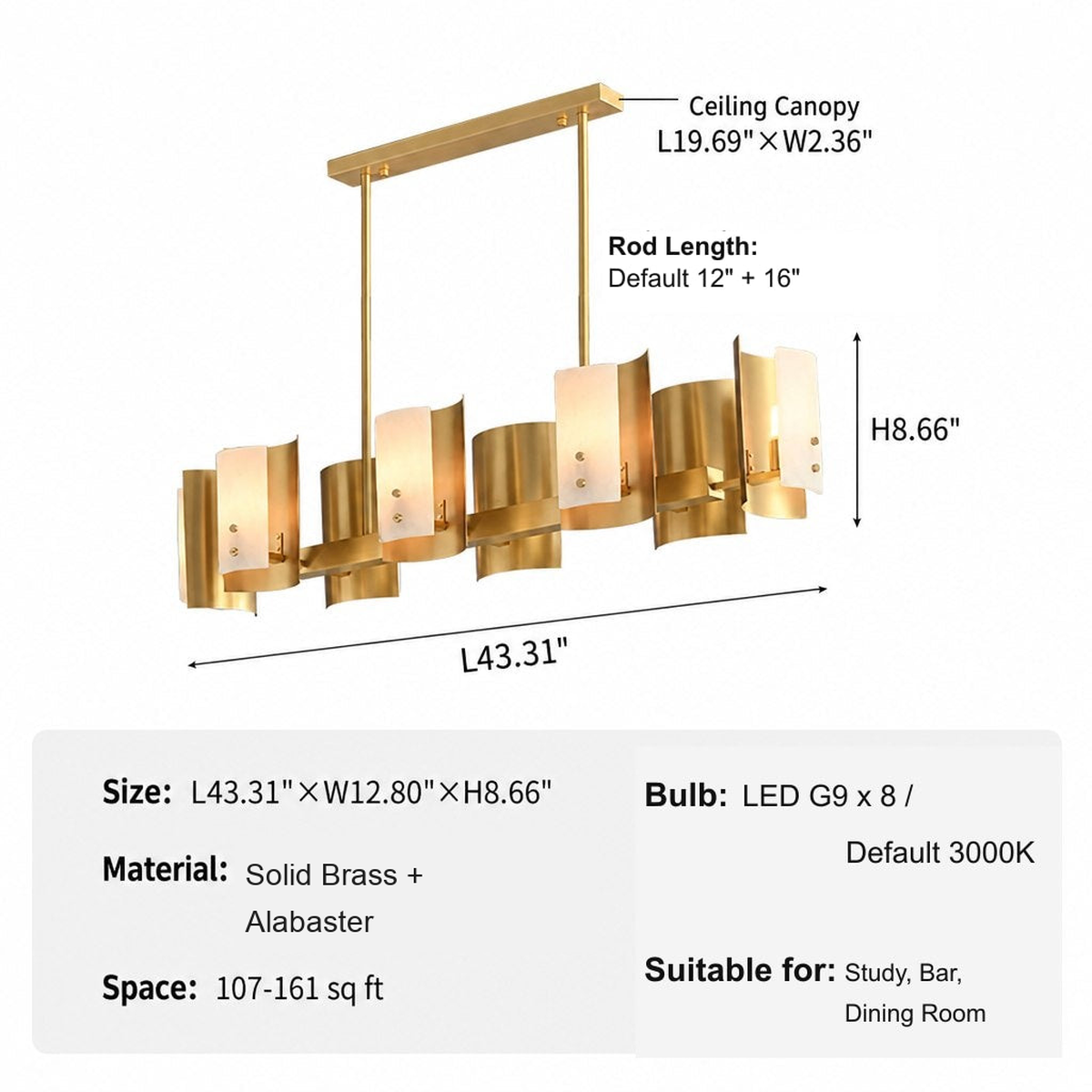 Modern Brushed Brass Alabaster Linear Chandelier - specification card