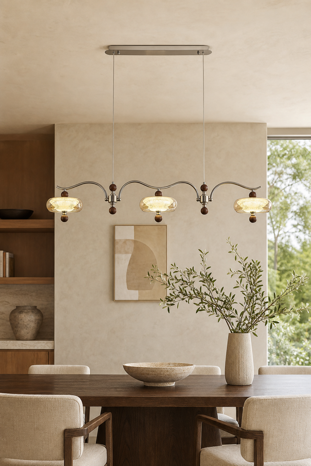 Sand Nickel Wood-Grain Glass Linear LED Chandelier - curated dining room scene